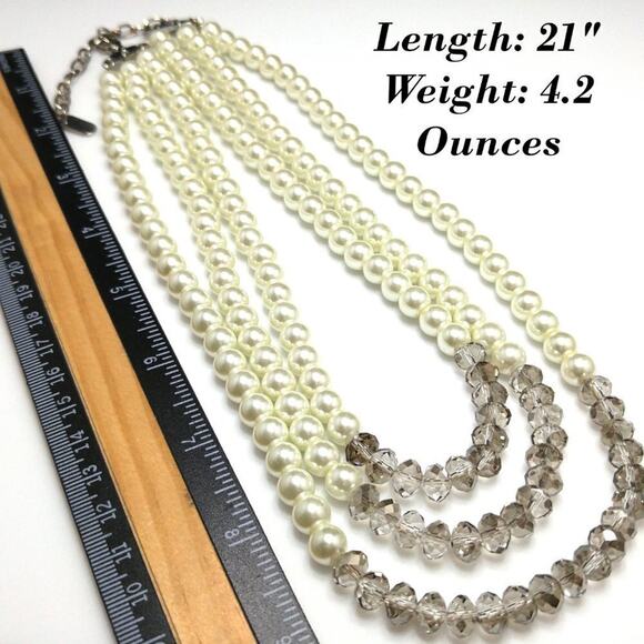 Glass Pearl Smoky Gray Crystal Necklace, Three Strands, 8mm Beads, 21 Inches - Picture 3 of 8